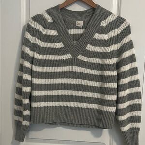 a new day Gray and White Striped V-Neck Sweater